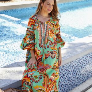 VESTIDO LEAF PRINT CON CORDONES