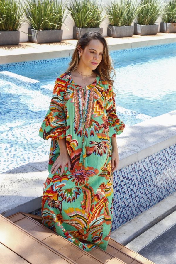 VESTIDO LEAF PRINT CON CORDONES